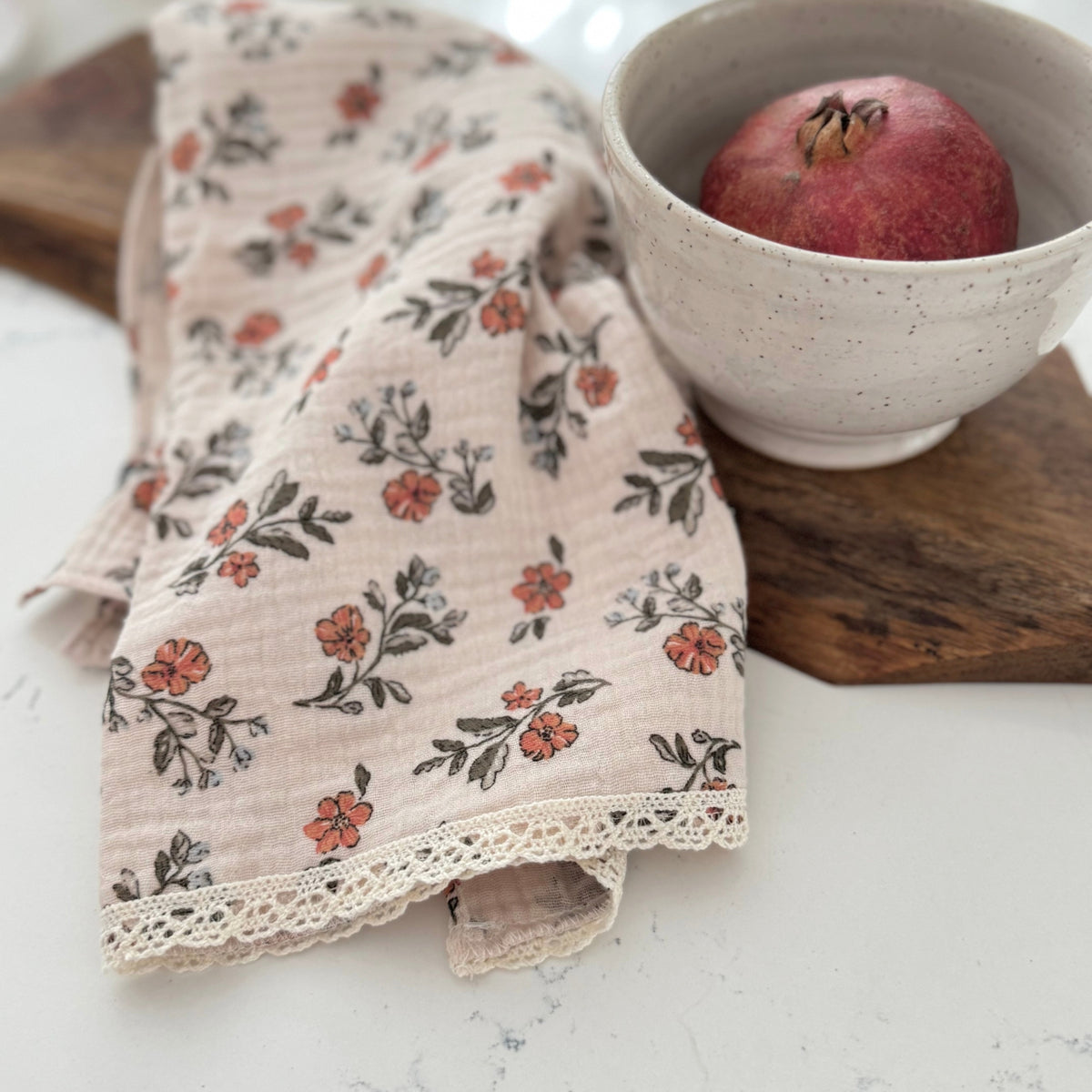 Linge à vaiselle (paquet 2) en coton &amp; mousseline  - Beige &amp; corail