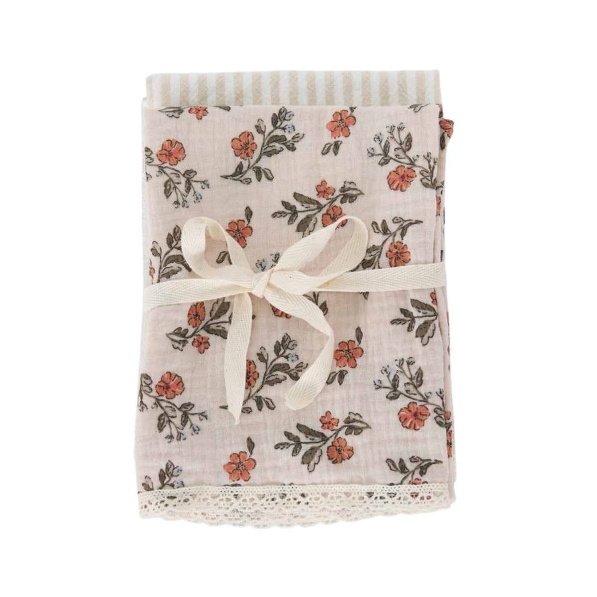 Linge à vaiselle (paquet 2) en coton &amp; mousseline  - Beige &amp; corail