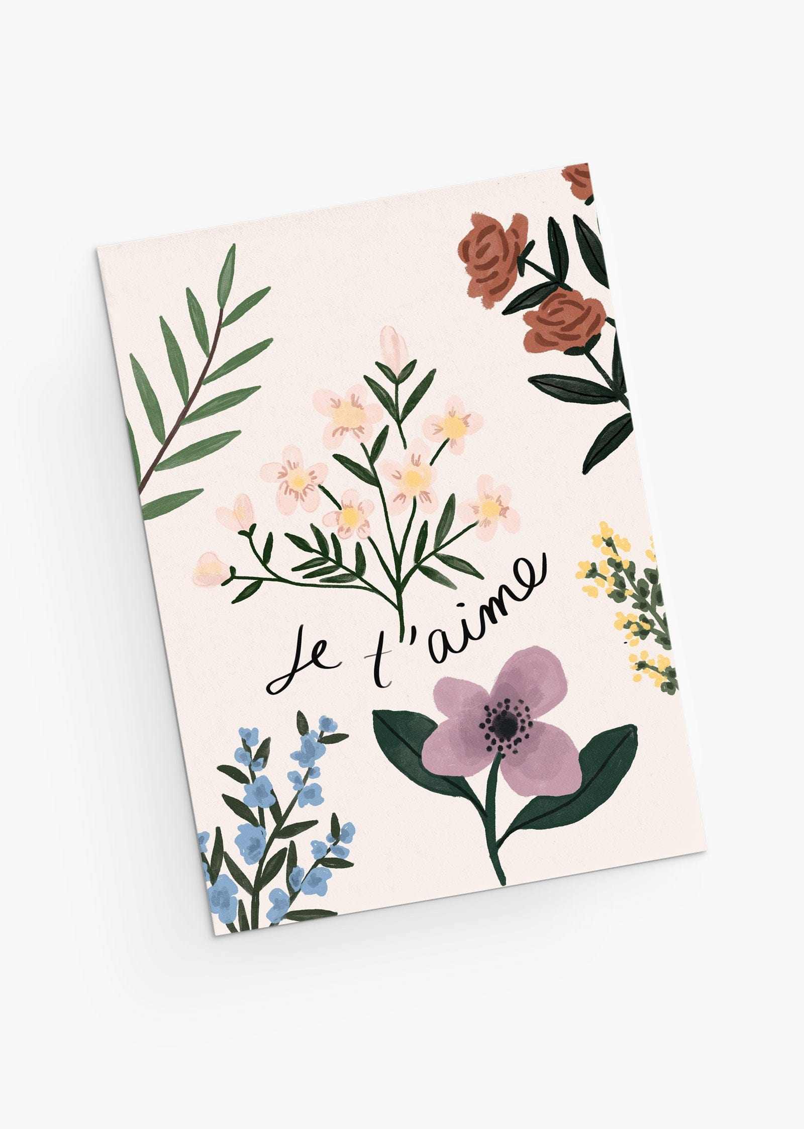 Carte de voeux illustrée - Je t'aime  jardins de fleurs